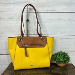 CHAPS RALPH LAUREN Brown and Yellow Synthetic Leather Snap-Closure Tote